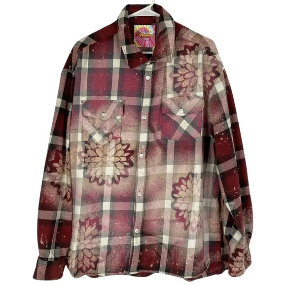 Boho Flannel Shirt Womens Plus Size XXL Reworked Floral Bleached Plaid Top Red - Picture 1 of 10